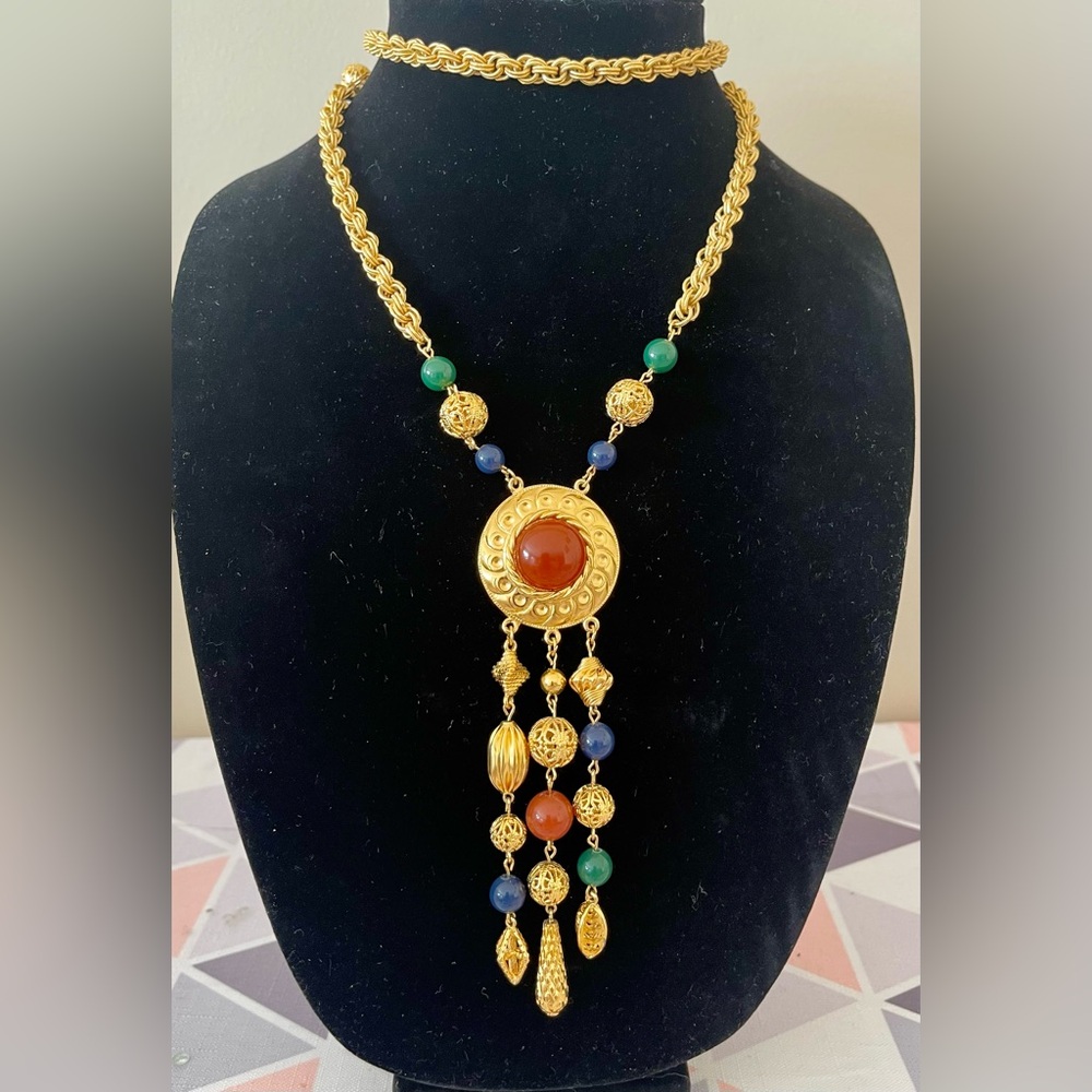 Alfred SUNG vintage gold plated long necklace with semi precious stones.